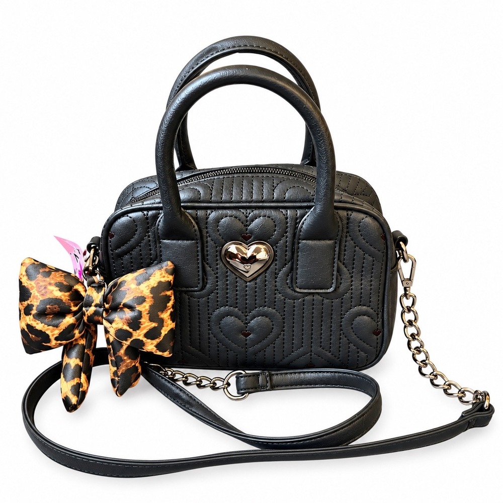 Luv Betsey by Betsey Johnson Black Quilted Heart Satchel Crossbody Leopard Bow